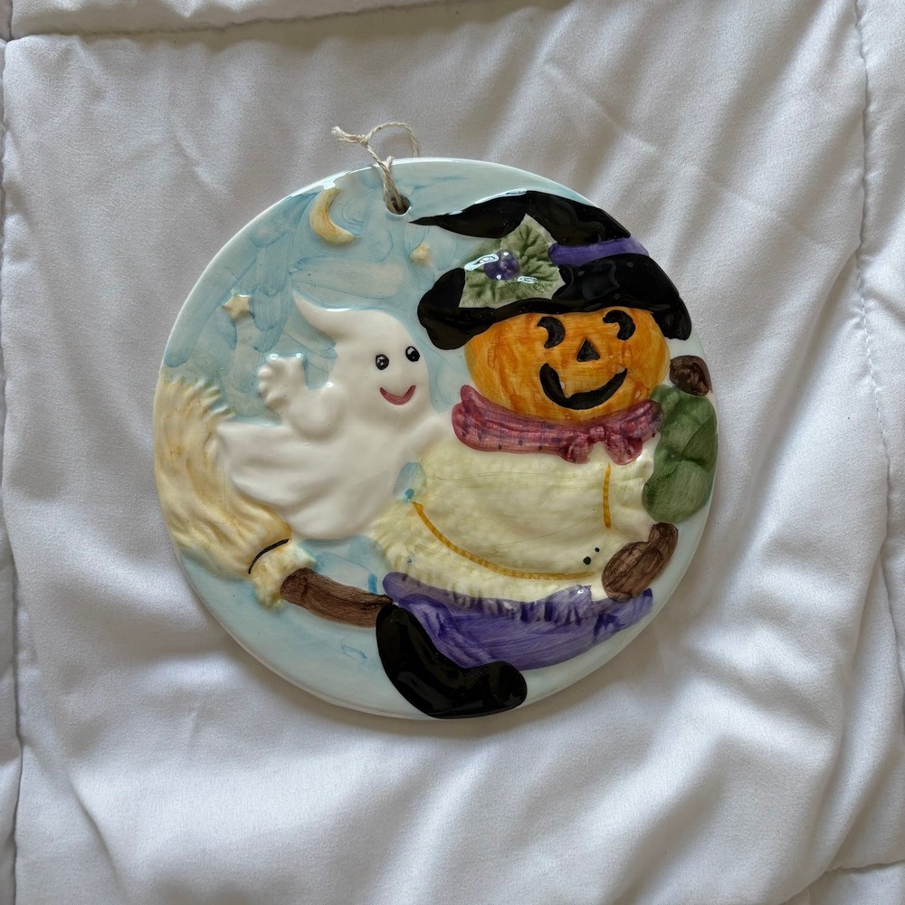 Hand Painted Ceramic Halloween Pumpkin Witch Ghost Wall Hanging Plate 8 In